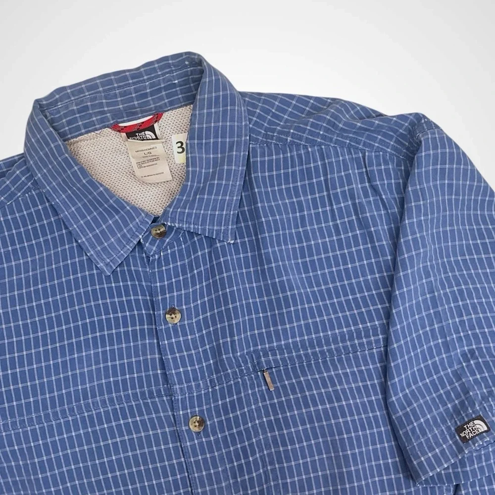 Vintage The North Face Mens Button Shirt Large Blue‎ Plaid Short Sleeve Outdoor